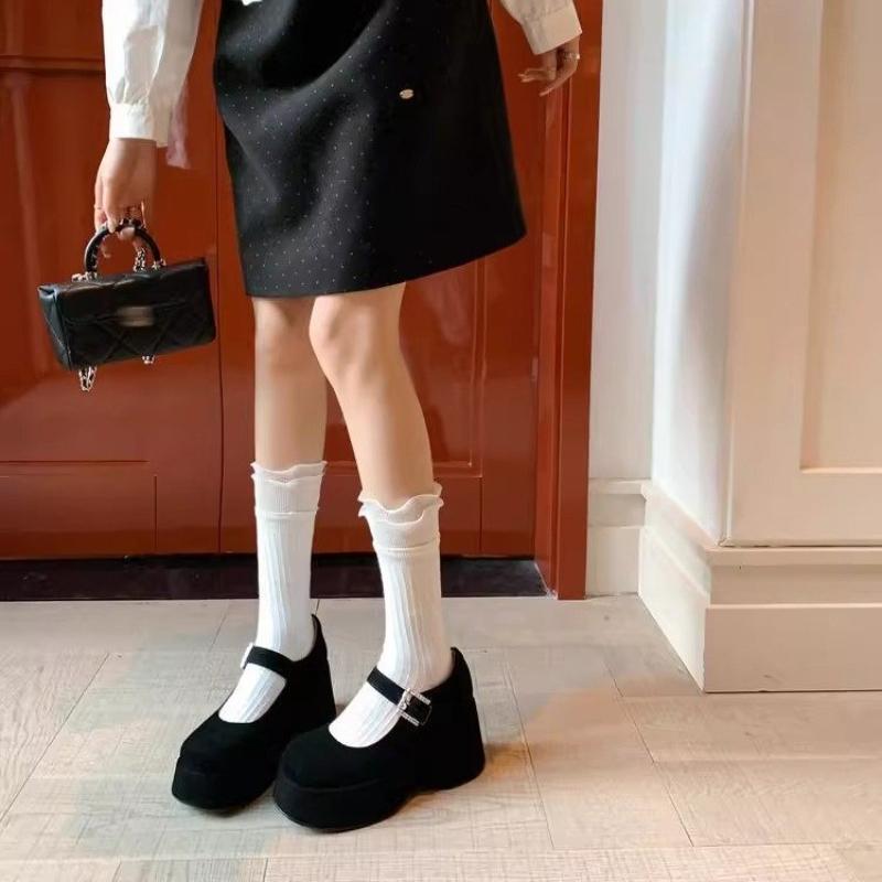 Women's Mary Jane Shoes Wedges Round Toe One-line Buckle High Heels Dress All-match Flannel Shallow Mouth Zapatillas De Mujer