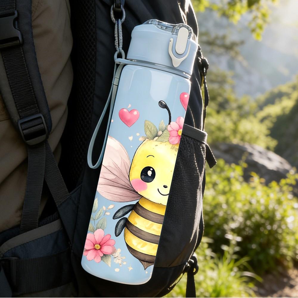 1PC Cute Bee Heart Cartoon Print 750ml Color Plastic Sports Water Bottle Leakproof Flip Straw Lid Suitable for Sports Office Home Use