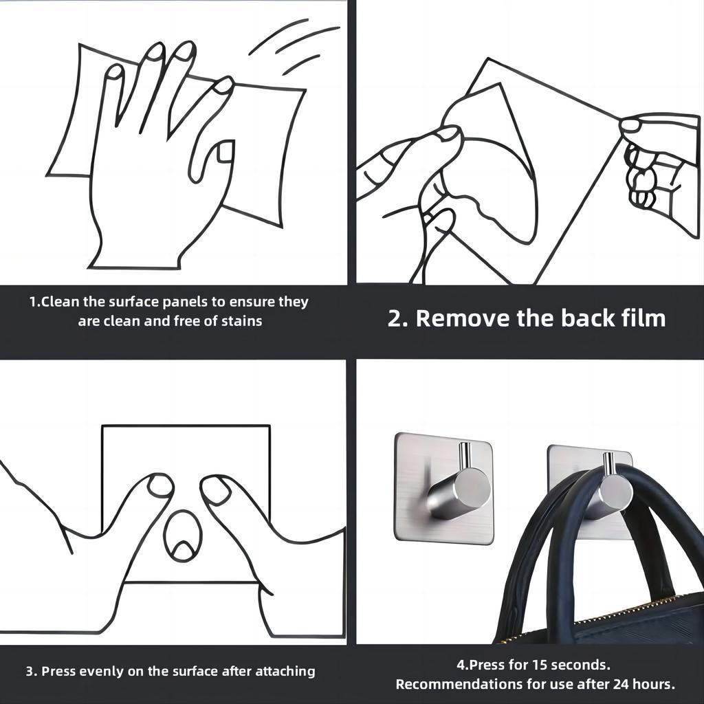 Stainless Steel Adhesive Hooks, Heavy-Duty Wall Mount Utility Hooks for Hanging Towels, Clothes, Hats, and Robes - Easy To Install