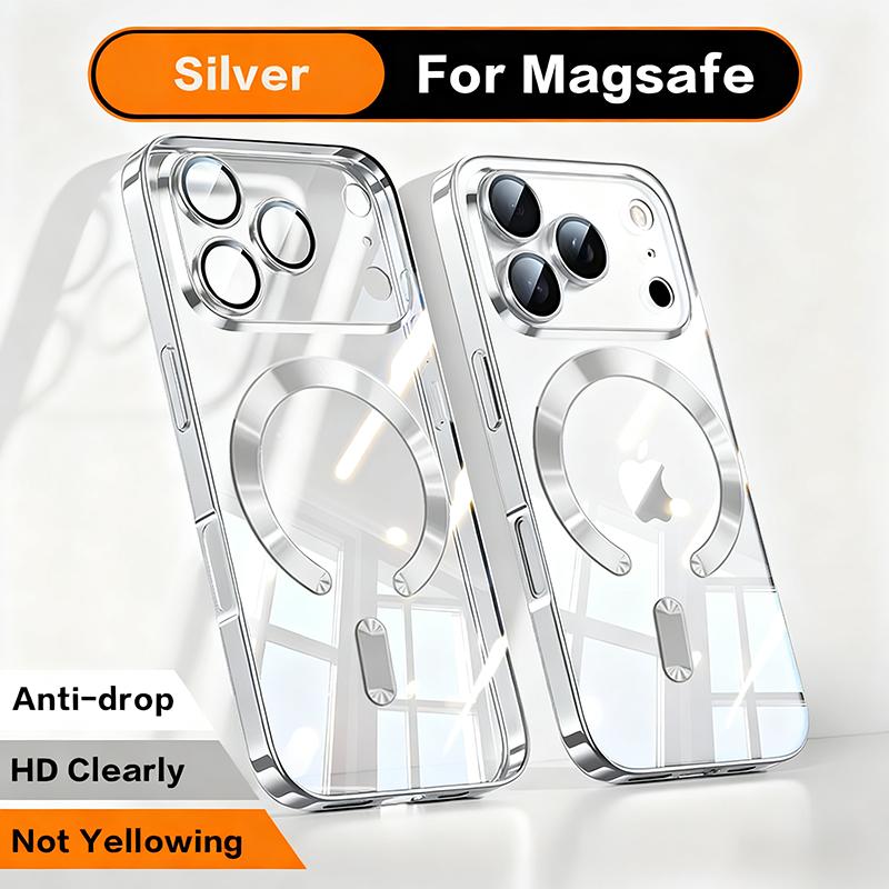 Fashion Orange Magnetic Clear Case For iPhone Air 17 16 15 14 13 11 12 Pro Max Plus Wireless Charge Plating Soft Business Cover