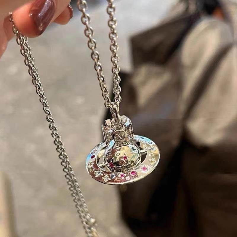 Vivienne Westwood Limited Star Moon Myth Orb Necklace, Colorful Crystal UFO 3D Saturn Pendant Sweater Chain for Women