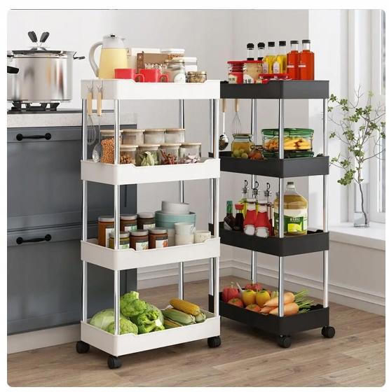 Bathroom Shelf Kitchen Cabinet Mobile Shelf 4-Level Casters White