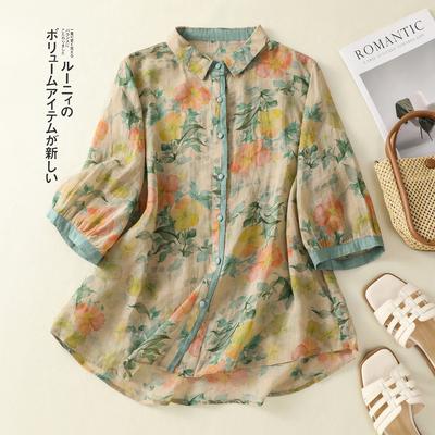 2025 Summer New Fashion Printed Five-quarter Sleeve Shirt Women's Retro Loose Casual Versatile and Thin Top