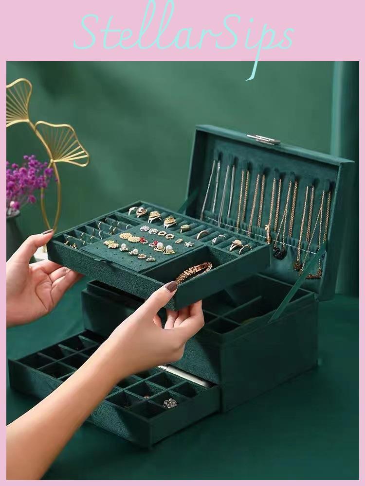Premium Quality Three-layer Jewelry Storage Box In Green Velvet For Earrings Necklaces Bracelets