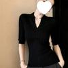 1116 Summer New Temperament Polo Collar Slim-fit Medium-sleeved Knitted Sweater Women's T-shirt Unique Design Pure Desire Top