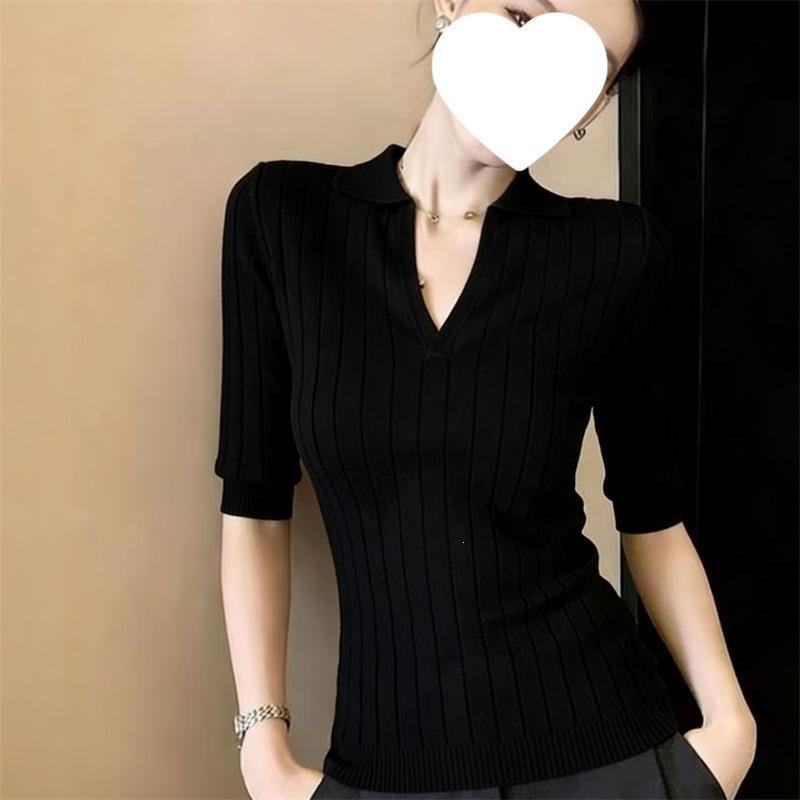 1116 Summer New Temperament Polo Collar Slim-fit Medium-sleeved Knitted Sweater Women's T-shirt Unique Design Pure Desire Top