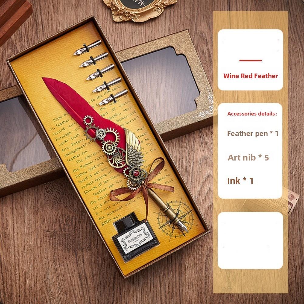 Replaceable 5 Nib Metal Signature Pen Retro Punk Feather Pen  Writing Accessories