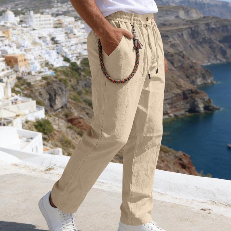 Summer Men Beige Linen Blend Elastic Waist Drawstring Pocket Casual Pants S хаки