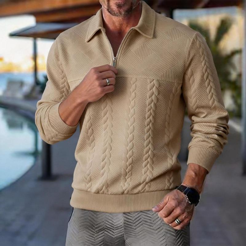 Men Cable Knit Half Zip Polo Collar Long Sleeve Sweater