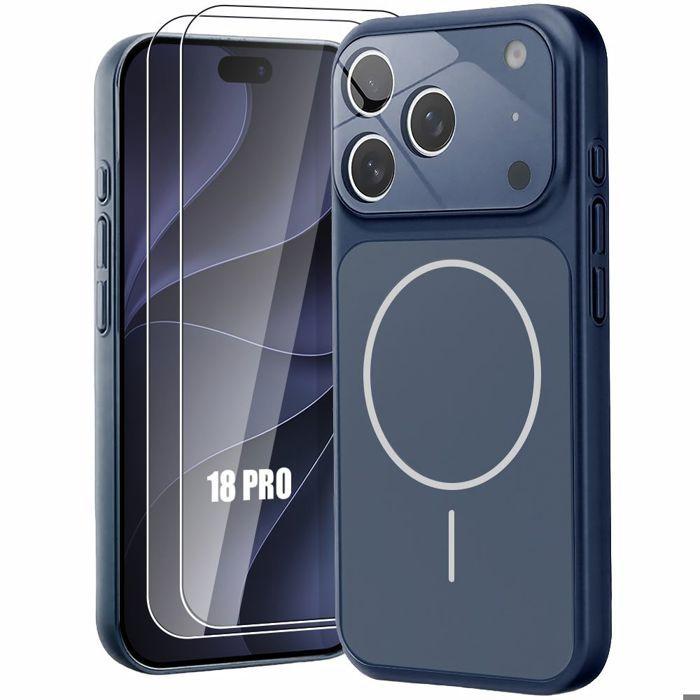 Coque + 2 Verres Trempés pour iPhone 18 Pro, avec Protection Caméra Cercle Magnétique Bleu Marine