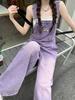 Women's Retro Purple High-Waist Denim Overalls - Slimming, Loose, Wide-Leg Jumpsuit for Spring & Summer