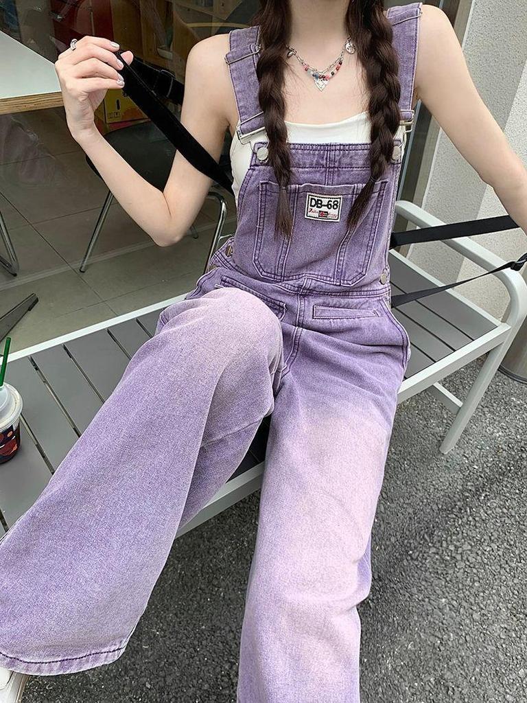Women's Retro Purple High-Waist Denim Overalls - Slimming, Loose, Wide-Leg Jumpsuit for Spring & Summer