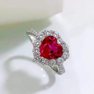 SpringLady  925 Sterling Silver 8*8mm Ruby Heart High Carbon Diamond Rings For Women Wedding Fine Jewelry Gifts