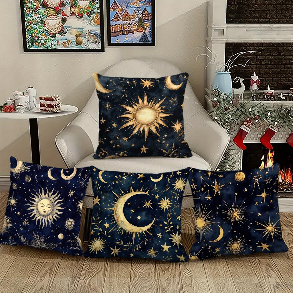 4-piece Dreamy Galaxy Sun and Moon Themed Pillowcase Set, Insert Not Included, Suitable for Living Room, Bedroom,car and Office.
