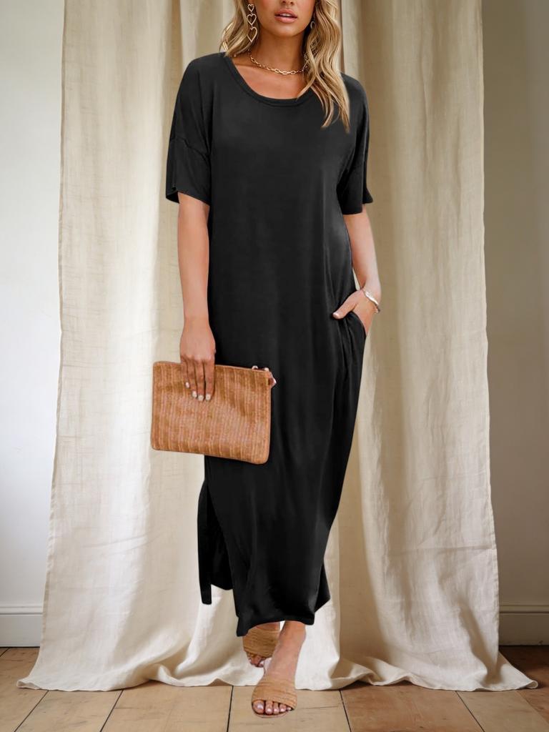 Womens T Shirt Dress Drop Shoulder Side Slit Loose Maxi Dress With Pockets