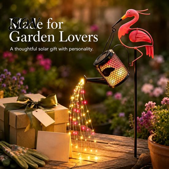 Weatherproof Metal Animal Statue Solar Flamingo Watering Can Light, Powered LED Garden Waterproof String Lights Pathway Light with Stake for