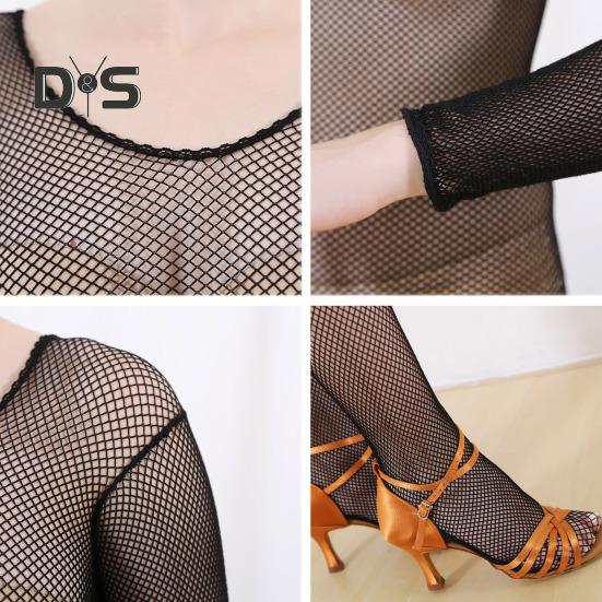 Damen Netz-Overall, ausgehöhlt, langärmelig, dünne Strumpfhose, O-Ausschnitt, hochelastischer Netz-Bodystocking, Tanz-Overall, Latin, Full