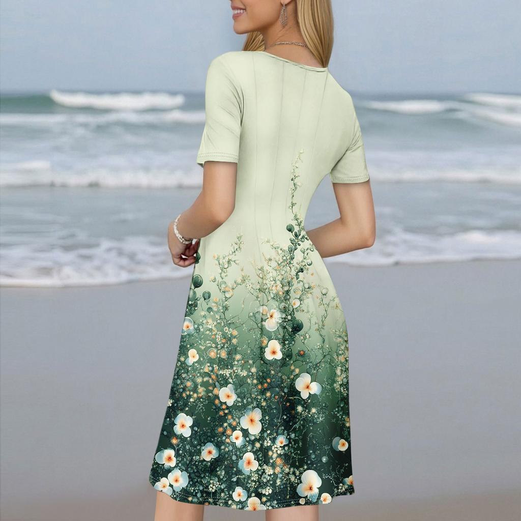 Women's Casual Sundress Summer Boho Beach Dress Floral Blouses For Women O Neck Loose Dresses