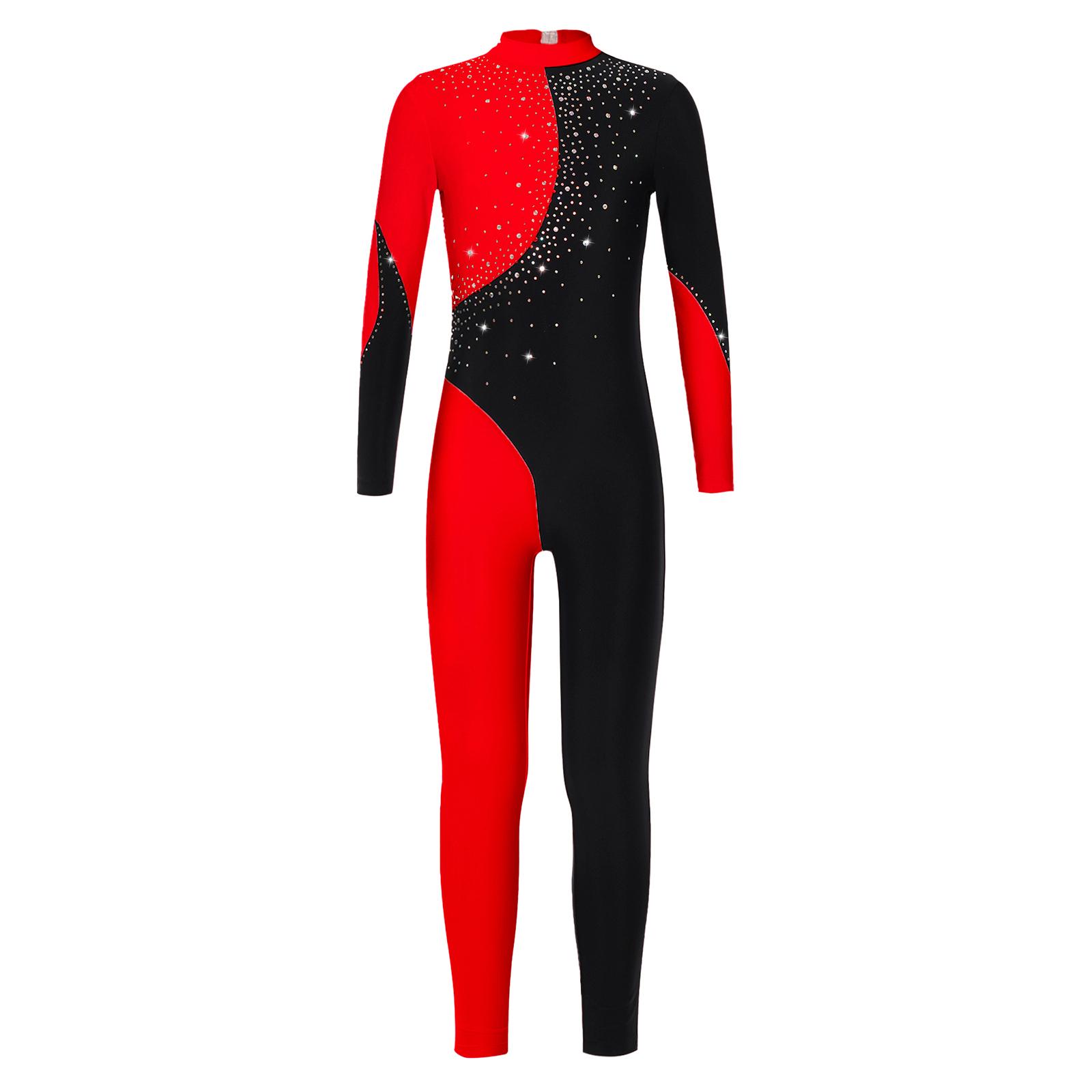 

Girls Performance Jumpsuit Long Sleeve Round Neck Shiny Rhinestones Contrast Color Backless Gymnastic Wear Competition Outfit 5-6 Years чорний/червоний