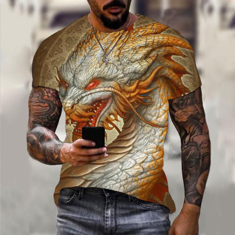 Summer Round Neck 3D Dragon Print Top Fashionable Casual Short Sleeved Men's T-shirts