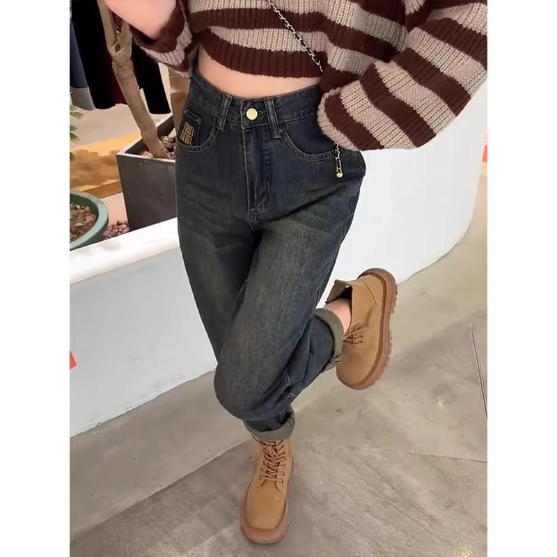 Plus Size Fleece-Lined High Waist Harem Jeans for Women - Autumn/Winter Slimming Carrot Fit