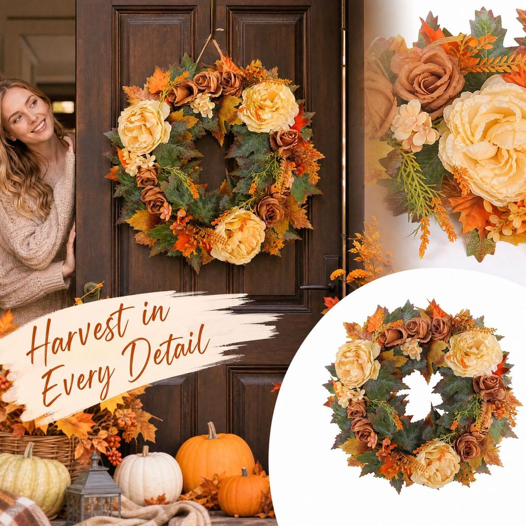 Artificial Fall Wreath with Maple Leaves, Peonies and Pumpkin Decor for Front Door