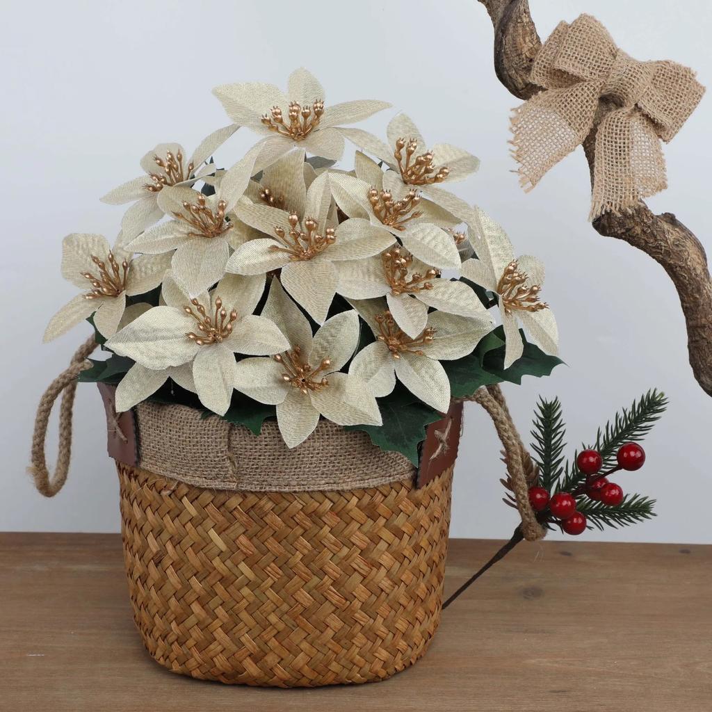 28cm Artificial Poinsettia Bushes Faux 5 Heads White Red Silk Artificial Christmas Flower Bouquet for Home Wedding Party Decor