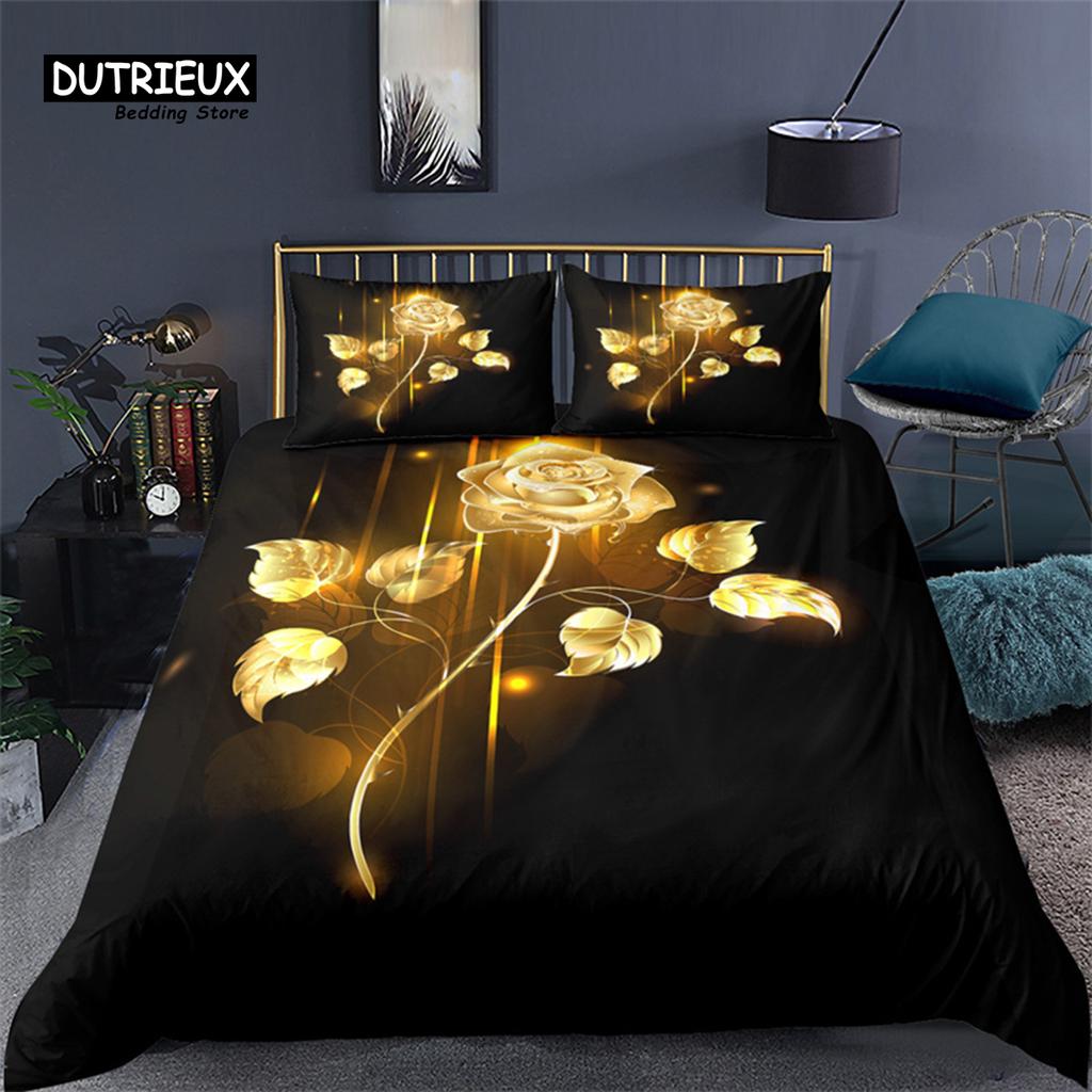 Golden Rose Floral Bedding Set Queen Romantic Style Fairy Girl Heart Duvet Cover Set Valentine'S Day Microfiber Comforter Cover