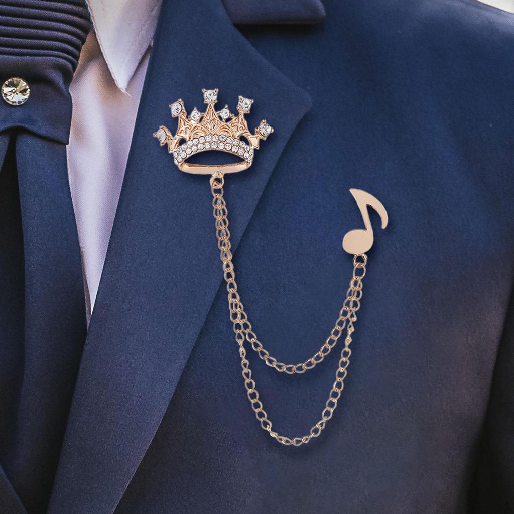 Chain Shiny Crown Pin Brooch Lapel Vintage Men's