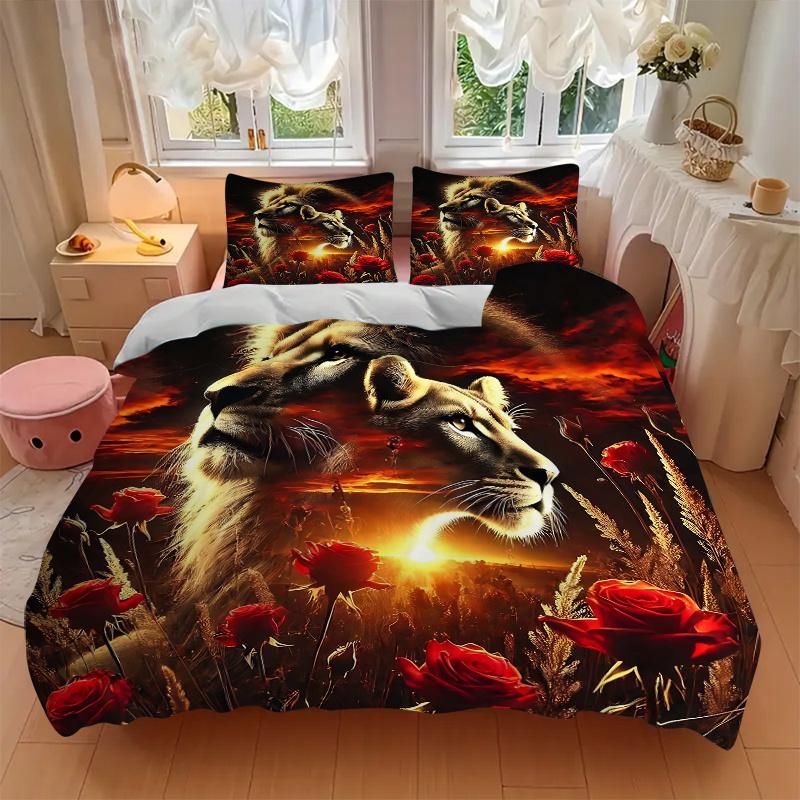 3pcs Lion's Majesty Amidst a Sea of Red Roses Bedding Set - Includes Quilt Cover and Pillowcases, Suitable for All Seasons,
