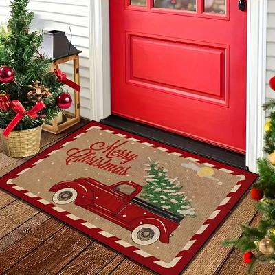 Red Truck Merry Christmas Doormat Stain-Resistant and Wear-Resistant Entryway Mat Living Room Rug Holiday Home Decor