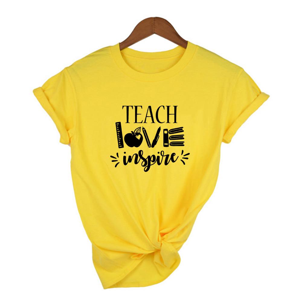 Teach Love Inspire Letter Ruler Pen Book Print Graphic Tees Women Casual Teacher T Shirt