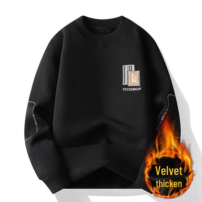 Men's Plus Velvet Warm Round Neck Hoodie Sweater - Autumn/Winter Long Sleeve Base Layer