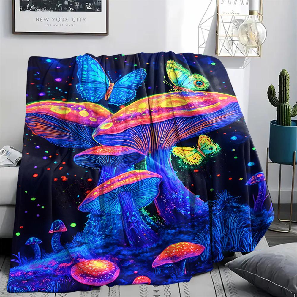 Mushroom Print Flannel Blanket, High quality Comfortable for All Seasons, Home Decor, Warmth and Comfort, Perfect for Christmas Gifts