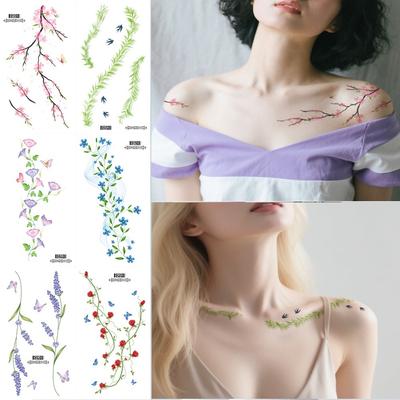 Sheets 6 Vibrant Multi-Colored Flowers Temporary Tattoos Clavicle Chest Tattoo Stickers For Women Body Waterproof Fake Tattoo Wrist Tattoo