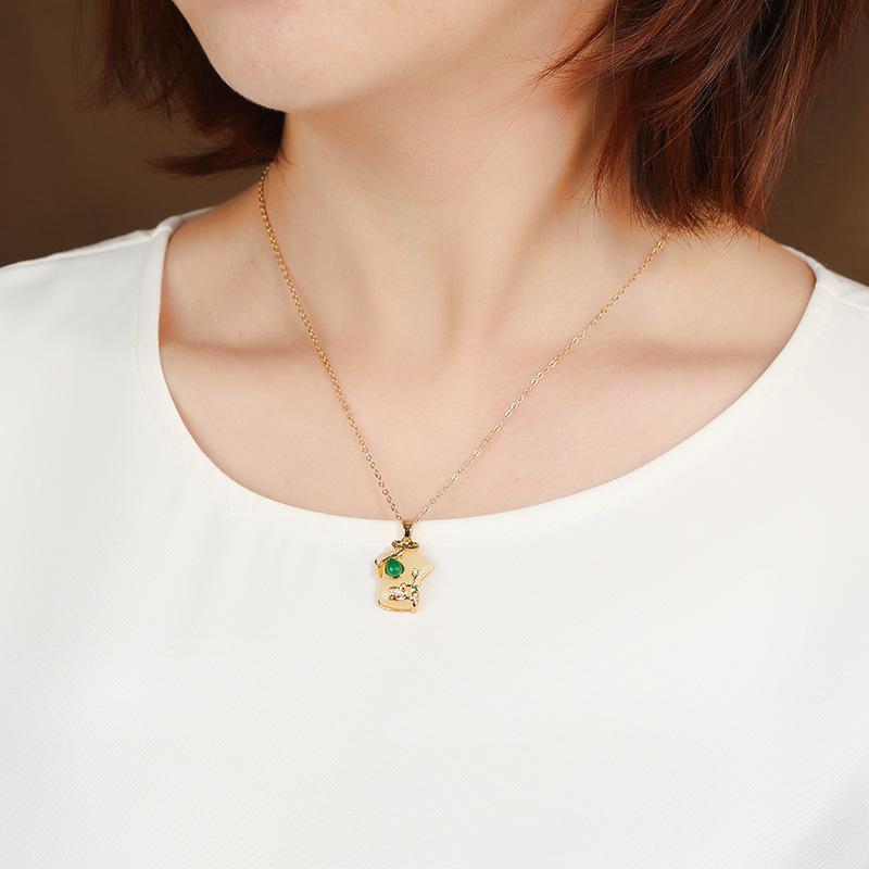 Chinese style imitation Hetian jade safety buckle necklace women's retro temperament titanium steel clavicle chain gold inlaid jade pendant with