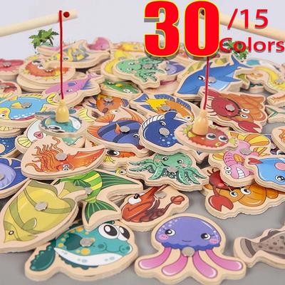 Montessori Wooden Magnetic Fishing Toys for Baby Cartoon Marine Life Cognition Fish Games Education Parent-Child Interactive