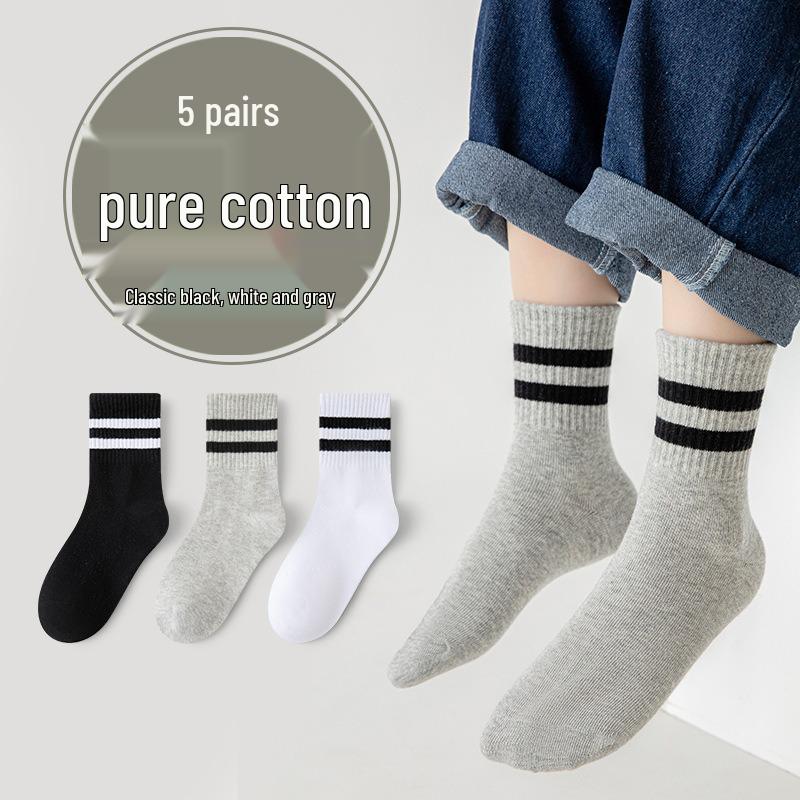 Breathable Striped Kids Socks: Autumn/Winter, Sweat-Wicking, Odor-Resistant, Casual Sports Mid-Calf, Black/White/Gray, Korean Style