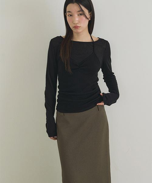 Lingseoul Basic Slit Long Skirt-Khaki Brown
