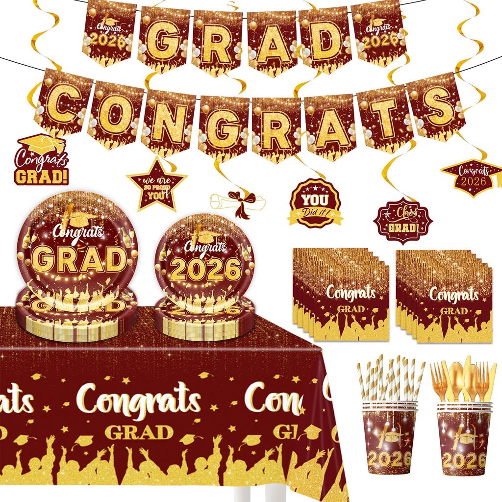 2026 Red & Gold Graduation Party Supplies: Paper Plates, Flags, Napkins & Swirls