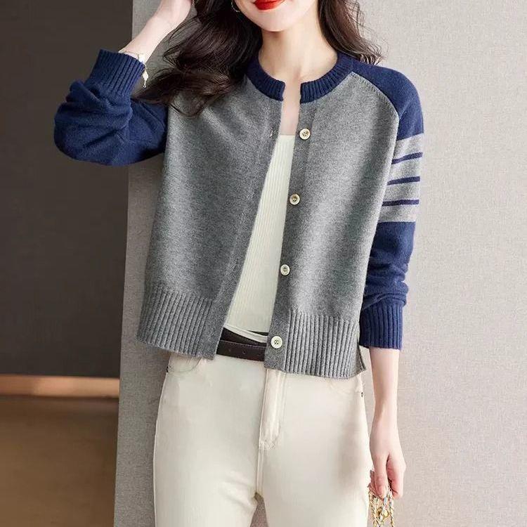 Women s High-Waisted Cropped Knit Cardigan - Early Spring 2025 Petite Baseball Style Sweater Jacket 3XL (130-140 lbs)
