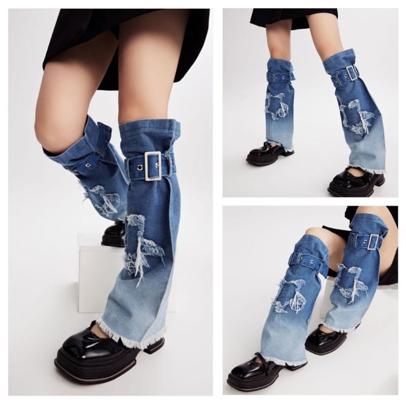 Japanese Women Buckled Strap Distressed Crosses Star Jeans Leg Warmers Harajuku Punk Flared Leg Cover Baggy Long Socks