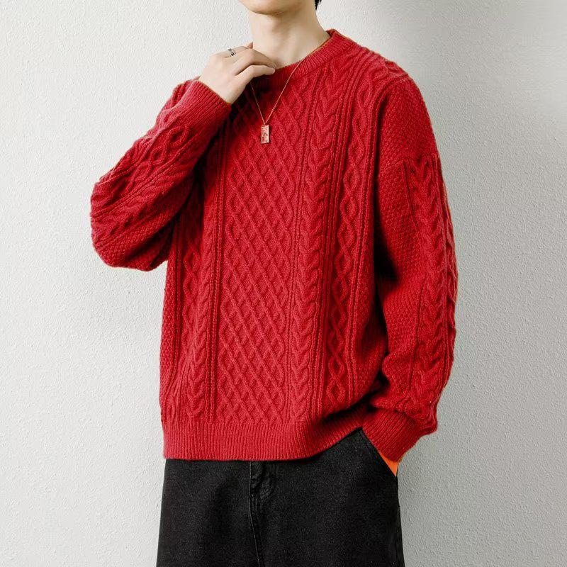 Men's Retro Cable Knit Sweater - Round Neck, Loose Fit, Trendy Autumn/Winter Woolen Knitwear for Teens