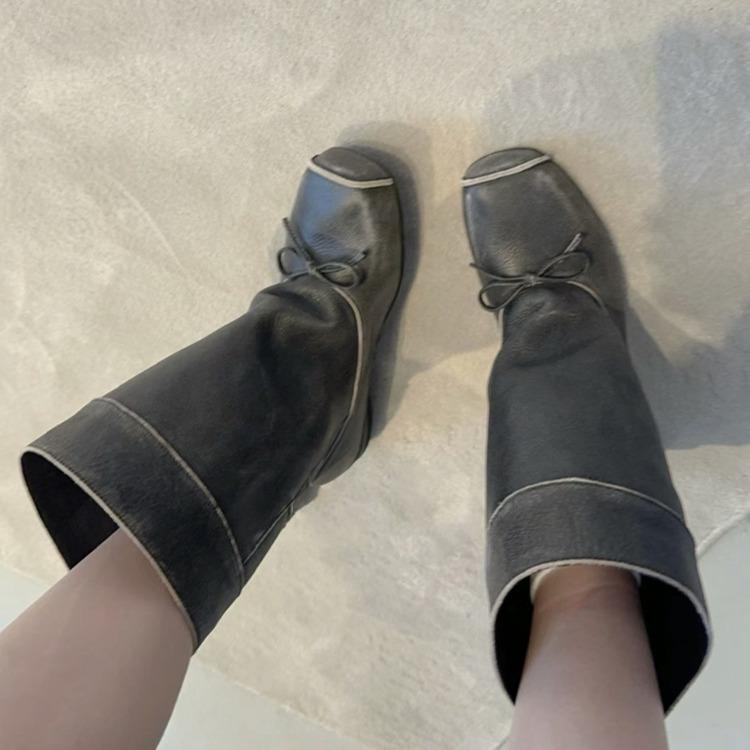 Korean niche ballet short boots children 2025 new retro bow square head medium tube boots sleeve fashion boots