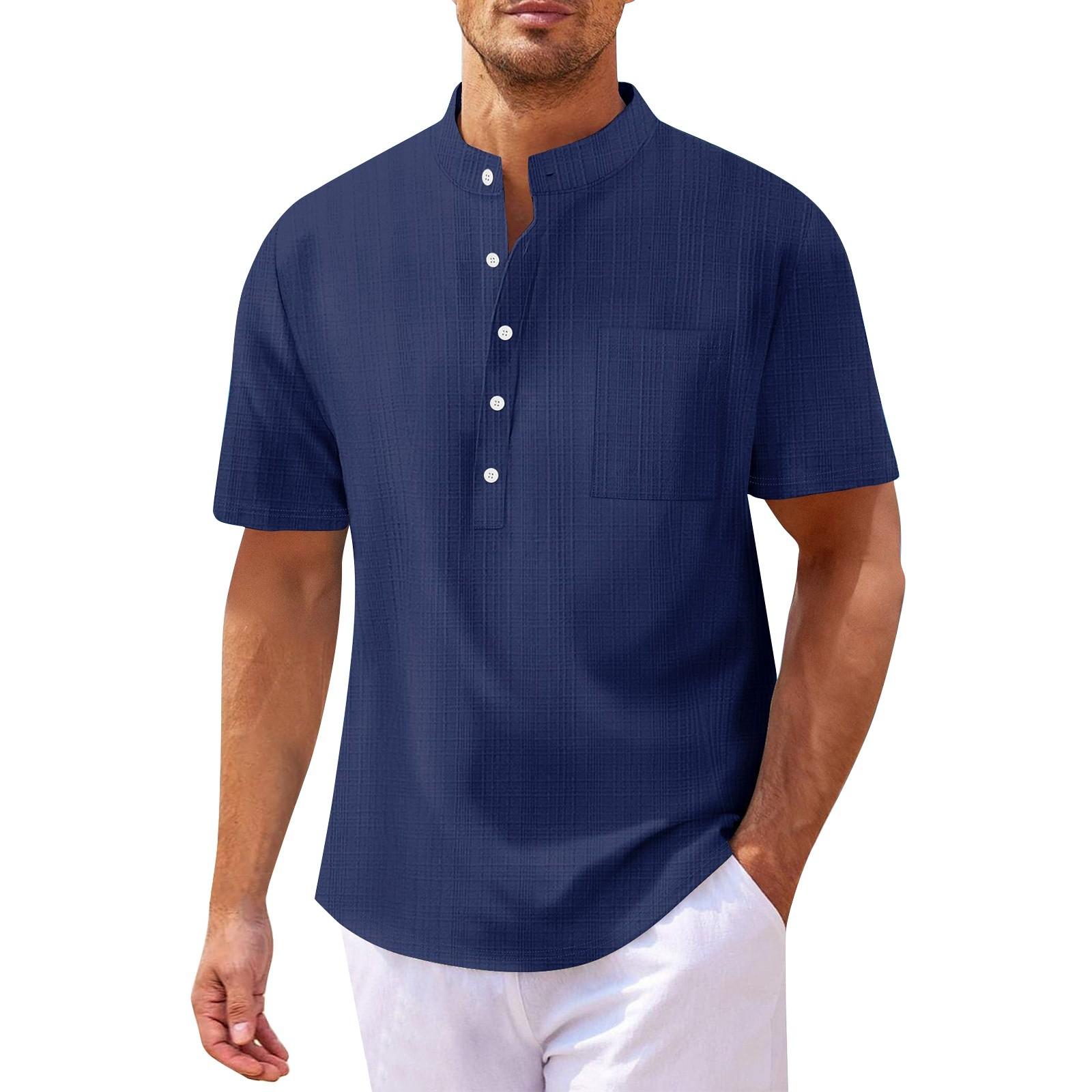 Мужская цветная хлопково-льняная рубашка с пуговицами, коротким рукавом, мужская повседневная дышащая футболка XXL тёмно-синий