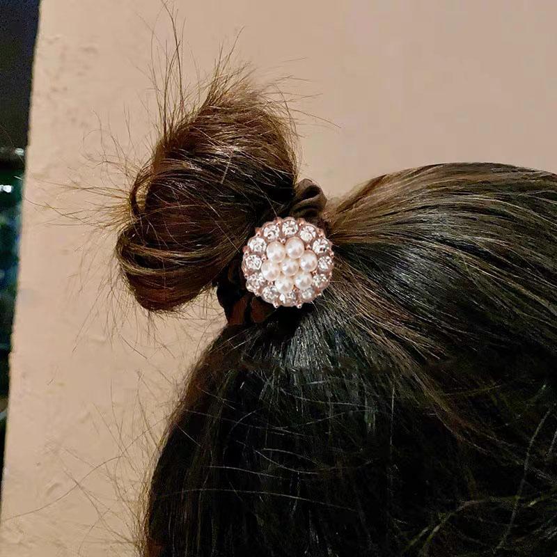 2pc Ice Silk Imitation Pearl Fashion High Ponytail Fashion Crystal Heart-shaped Geometric Hair Rope Rubber Band