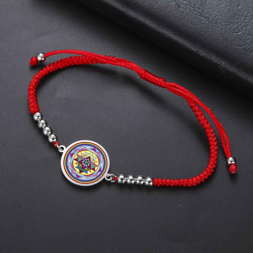 Dawapara Sri Yantra Bracelet Adjustable Braided Rope Sacred Geometry Mandala Chakra Spiritual Jewelry Stainless Steel