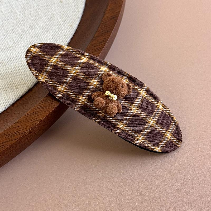 Cute Cartoon Bear Hair Clips Fabric Plaid Side Clip Sweet Girl Oval Bangs Clip Hairpin Barrettes Headwear Hair Accessories 1pc