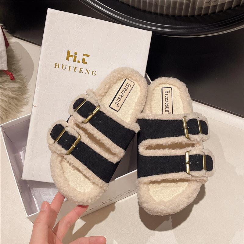 

Зимние толстоподошвенные мохнатые тапочки с одним ремешком и плюшевой хлопковой шваброй 38-39 чёрный