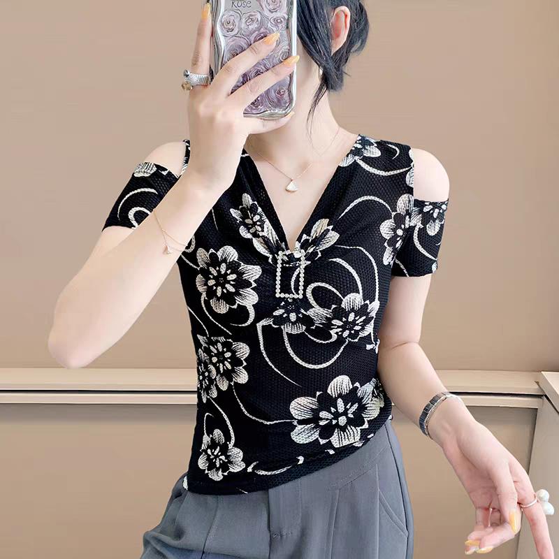 Summer Off Shoulder Women's Print Flower T-Shirt Sexy V-Neck Hot Diamonds Tops Chic Short Sleeve Fashion Blouse